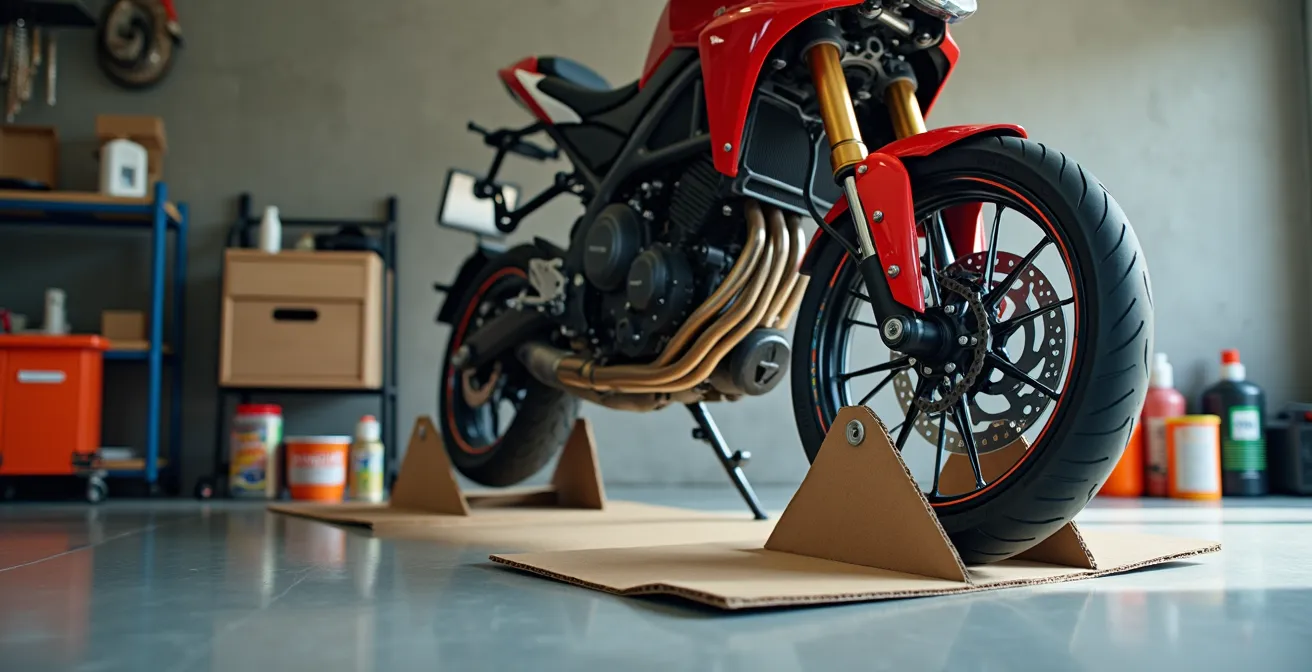 Técnica del cartón protector para limpiar la cadena de moto sin ensuciar la rueda en un garaje comunitario español