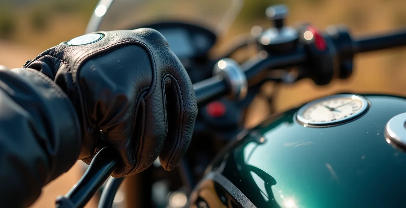 Detalle macro de mano aplicando técnica de frenado progresivo en maneta