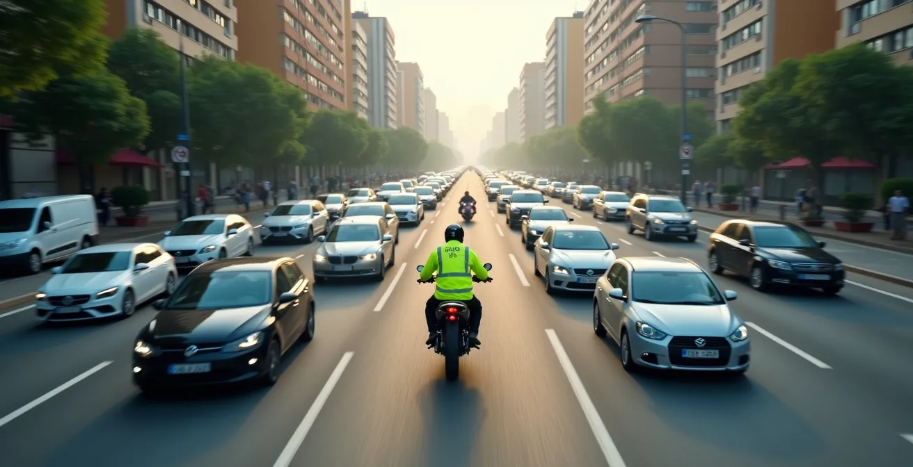 Vista aérea de una moto filtrando correctamente entre coches en un atasco urbano manteniendo distancia segura