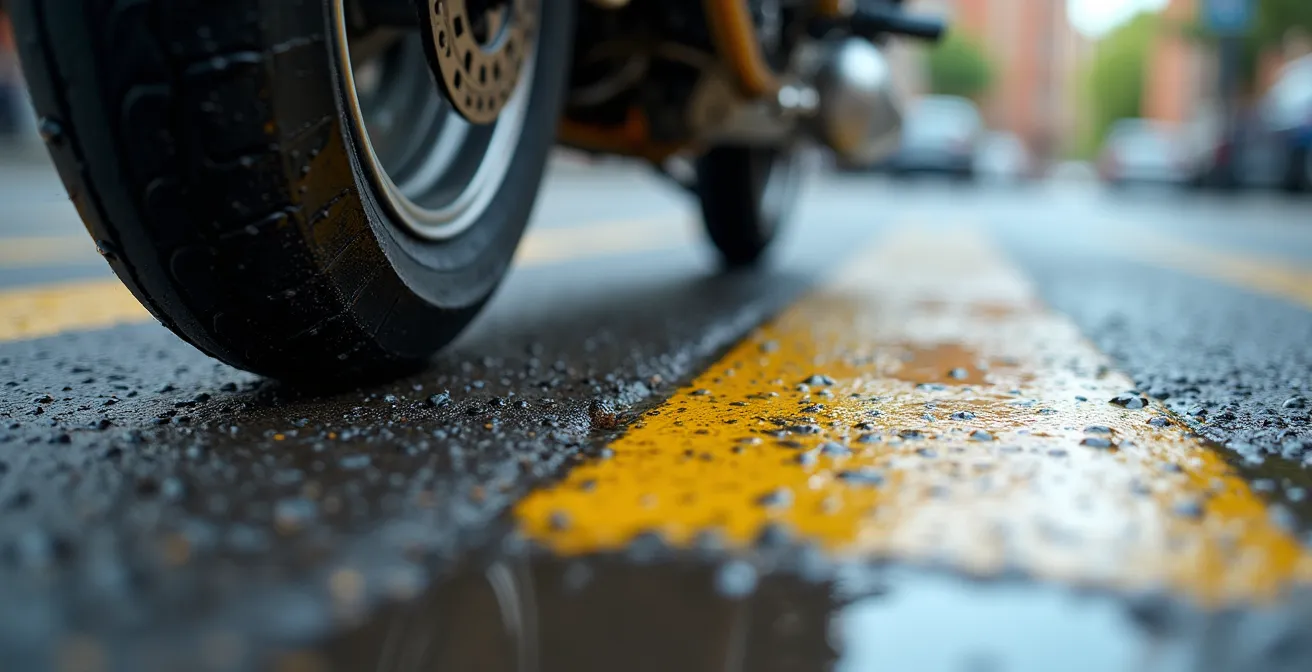 Motorista inclinando en rotonda con técnica de tres fases