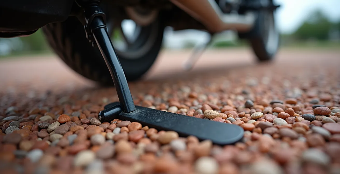 Motorista maniobrando moto GT pesada en parking de gravilla con técnica correcta