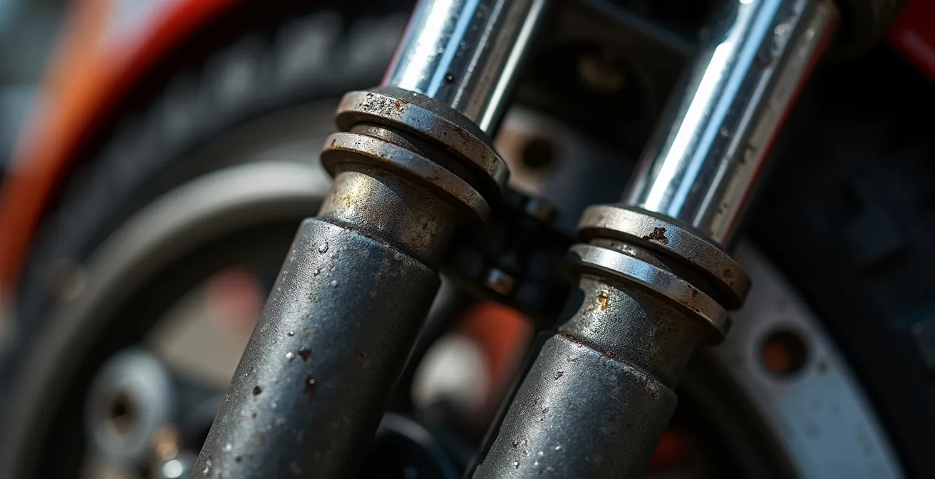 Detalle macro de horquilla delantera comprimida mostrando geometría de dirección