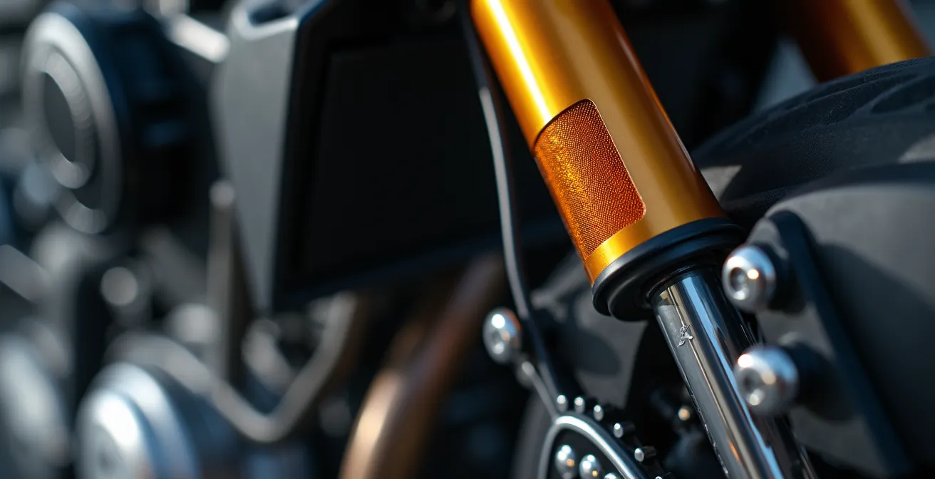 Detalle macro de un motor de moto mostrando las vibraciones y su efecto en componentes electrónicos